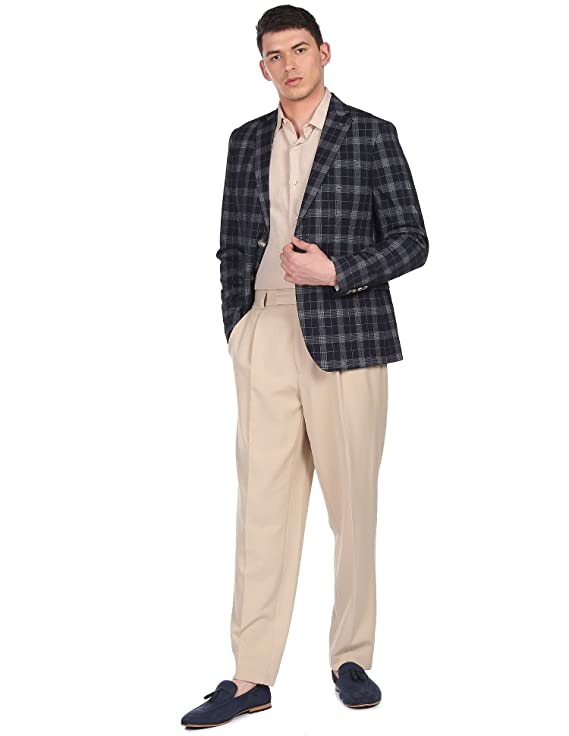 Arrow Men Navy Notch Lapel Collar Check Formal Blazer - Image 3