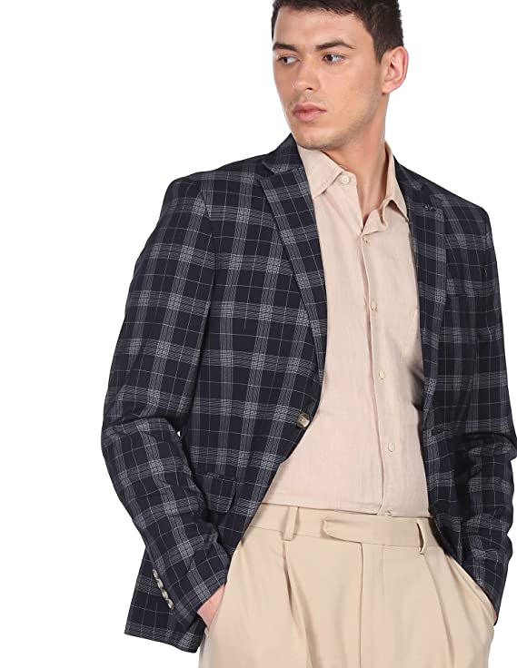 Arrow Men Navy Notch Lapel Collar Check Formal Blazer - Image 2