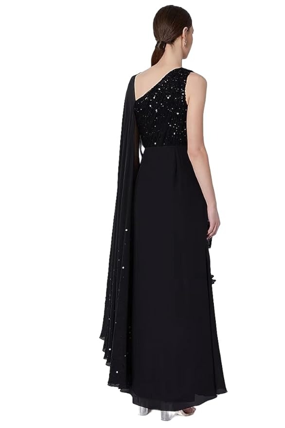 HarLiv Black Crepe & Net Ruffled Draped One-Shoulder Gown Saree - Image 3