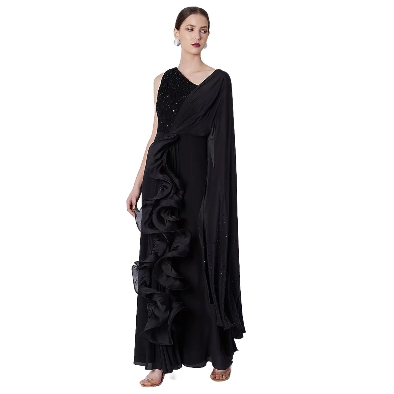 HarLiv Black Crepe & Net Ruffled Draped One-Shoulder Gown Saree - Image 8