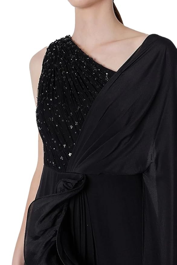 HarLiv Black Crepe & Net Ruffled Draped One-Shoulder Gown Saree - Image 4